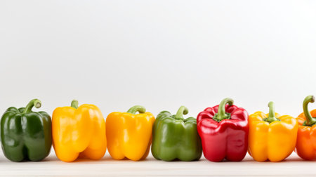On a white background, a colorful display of fresh bell peppers. This image emphasizes the variety and brilliance of these nutritious vegetables, which can be used in cooking, salads, or as snacks. The peppers are whole and uncut, still attached to their stems, and neatly arranged in a row.の素材