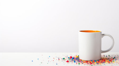 A white mug with orange liquid on a dotted background. The mug is on the right side and has a shadow. The background has small dots of various colors.の素材