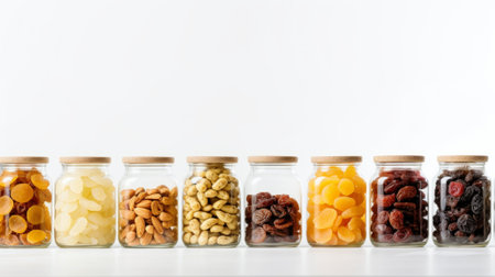 A line of snack-friendly glass jars holding various dried fruits. on white backgroundの素材