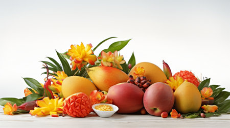 A mouthwatering fruit arrangement on a white background. The fruits are mangoes, peaches, and oranges, cut into slices and piled up. Leaves and flowers add a touch of freshness and elegance.の素材