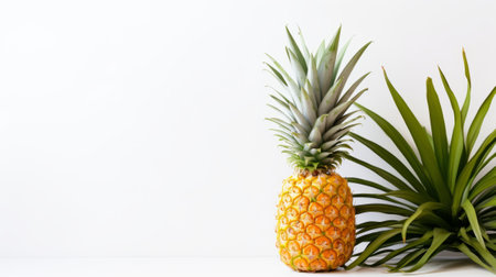 Ripe pineapple on a white wooden table among tropical leaves. with Copyspaceの素材