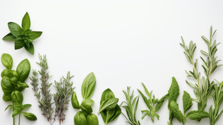 a beautifully arranged group of aromatic herbs including basil, mint, and rosemary.On a white background, alone.の素材