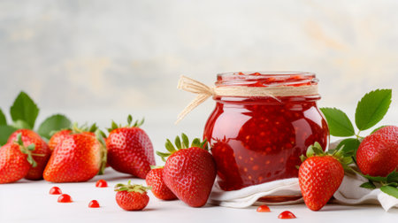Fresh strawberries surround a jar of handmade strawberry jam. on white tableの素材