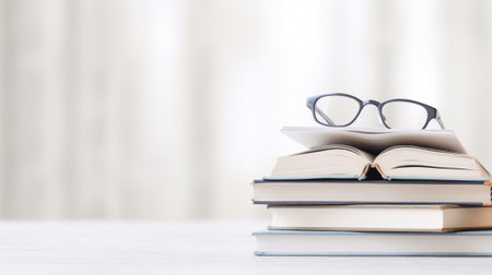 A stack of books with a pair of glasses on a white background. The books are colorful and of different sizes. The glasses are black and look like reading glasses. The background is white and blurred.の素材