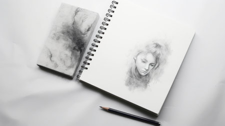 A sketchbook with a pencil and a face on a white background. The sketchbook is open and has a spiral binding. The left page has a sketch of a tree trunk. The right page has a sketch of a face The pencil is next to the sketchbook.の素材