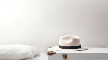 A white hat with a black band on a white nightstand. The hat is a fedora style and has a smooth texture. The nightstand has a drawer with a brass handle. The background is a white wall and a pillow.の素材