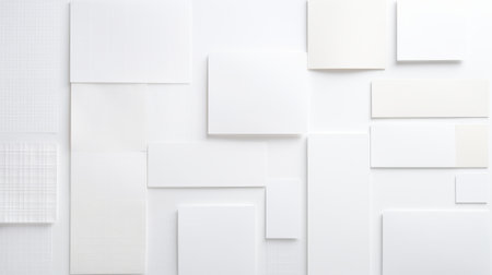 A unique and artistic image of a white wall with various sizes of white paper and cardstock scattered on it. The papers are arranged in a random, abstract manner. The papers are all white and have different textures and sizes.の素材