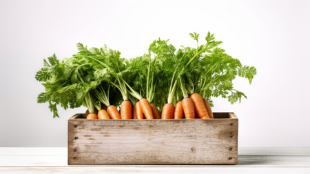Fresh organic vegetables carrot in a wooden box and white on the background Healthy food.の素材