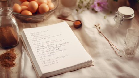 A table with a recipe book, eggs, and other ingredients on a white background. The recipe book is open and has a handwritten recipe on it. The eggs are in a woven basket. There are also sugar, cocoa powder, milk, flowers, and a wooden spoon on the table.の素材
