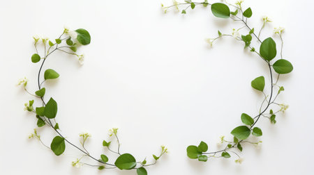 A realistic image of a wreath made of green leaves and white flowers The wreath is composed of heart-shaped leaves and small white flowers The wreath has an oval shape and a white backgroundの素材