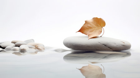 A realistic image of a dried leaf on a smooth white rock The leaf is orange-brown and contrasts with the rock color The rock is white and has a smooth texture The background is blurred and shows a pile of smaller rocksの素材