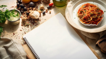 A delicious plate of spaghetti with tomato sauce on a rustic wooden table, surrounded by fresh ingredients such as garlic, parsley, black pepper, and cherry tomatoes. A jar of olive oil and a blank notebook add to the cozy and inviting atmosphere.の素材