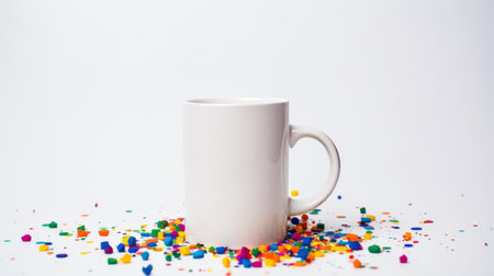 A white mug with colorful confetti on a white background. The mug is plain and has a handle on the right side. The confetti is of various colors and sizes and is scattered around the mug.の素材
