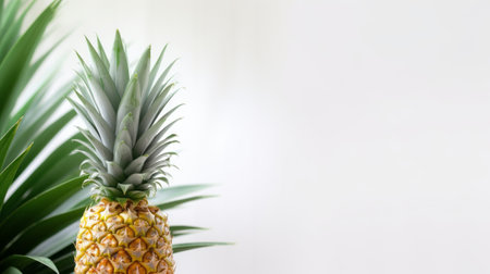A tall, golden-ripe pineapple among tropical foliage. versus a white backgroundの素材