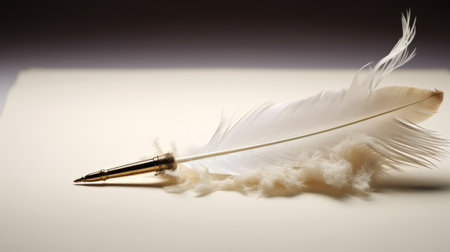 A white feather quill pen on a brown background. The pen is white and fluffy with a metallic nib. The nib is pointing to the left and resting on a white paper. The background is a gradient of light to dark brownの素材