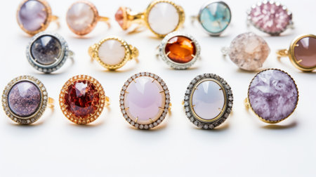 Colorful gemstone rings on white background. Different sizes, styles and shapes of rings with gold and silver bands. Great for themes of jewelry, fashion, beauty and luxury.の素材