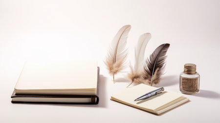 A collection of writing instruments and materials on a white background, creating a vintage and artistic atmosphere. The image includes a leather notebook, a fountain pen, an inkwell, and three feathers of different colors.の素材