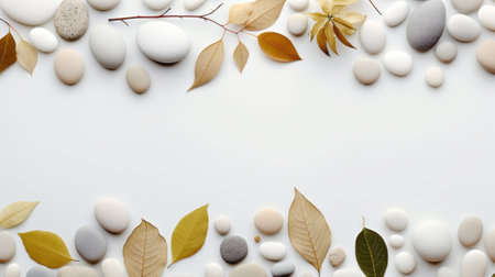 a white background with a wave of white and gray pebbles on it. The pebbles have different shapes, sizes, and textures, creating a dynamic and interesting pattern. The image also has some dried leaves in yellow, brown, and green colorsの素材
