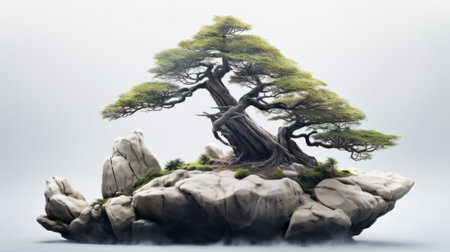 A realistic image of a bonsai tree on a rock formation The tree is a pine tree with a twisted trunk and green foliage The rock formation is gray and jagged The background is a gradient of light blue to white, giving the impression of a foggy skyの素材