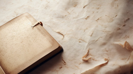 A vintage and charming image of a closed book on a crumpled paper background. The book is a light brown color with a bookmark sticking out of the top. The background is a crumpled white paper with brown spots and lines.の素材