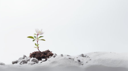 A natural and beautiful image of a small plant growing in a pile of rocks and soil on a white background. The plant has green leaves and a white flower with pink accents that show its delicacy and vitality.の素材