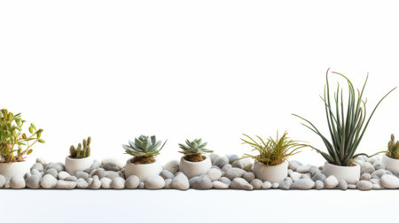 A colorful and cheerful image of a row of small potted plants on a bed of white pebbles. The plants are succulents, cacti and aloe vera that have different shapes and sizes and are easy to care for.の素材