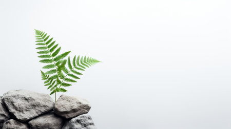 A green and vibrant image of a fern leaf on a pile of rocks. The fern leaf is symmetrical and has a curved shape that follows the natural pattern of the plant. The rocks are rough and grayの素材