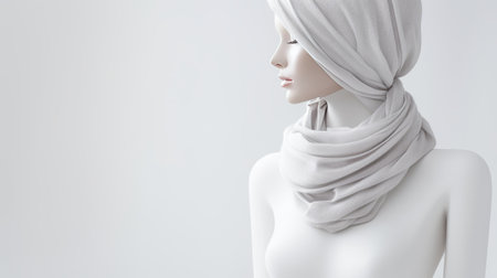 A mysterious and artistic image of a mannequin with a white scarf The image creates a contrast between the human-like shape and the abstract elements.の素材