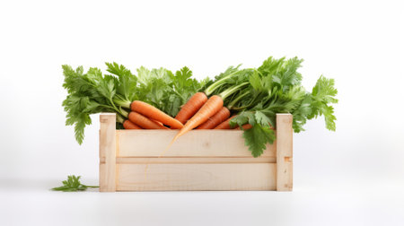 Putting carrots picked from an organic vegetable garden into a wooden crate. Gardening and the harvest of autumn against a white backgroundの素材