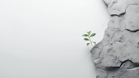 A symbolic and inspiring image of a small plant growing out of a crack in a white wall. The wall is white and has a large crack that shows the damage and decay of the structure. The plant is green and has fresh leavesの素材