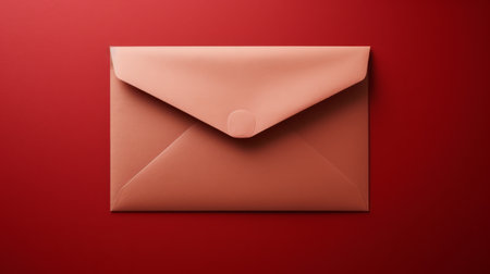 Pink envelope on red background Send a simple and modern message with this photo of a pink envelope on a red background. Perfect for a greeting card or invitation.の素材