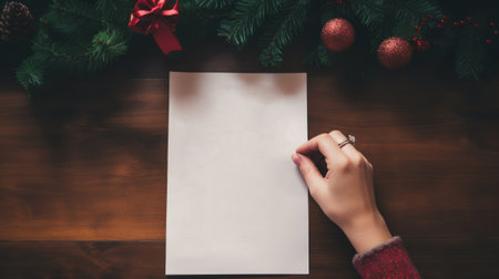 Christmas or New Year themed greetings, invitations, or announcements.A hand writes a holiday message on a blank paper with a pen and festive decorations.の素材