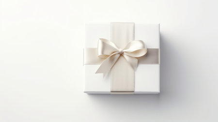 White gift box with cream ribbon on white background. Square box with neat bow and tails. Light gray gradient backdrop. Perfect for themes of celebration, surprise and generosity.の素材