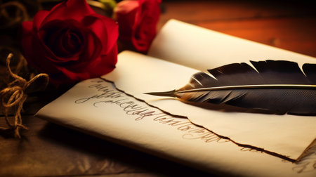 A feather quill pen and a love letter on a wooden table, surrounded by red roses. The concept is romance and nostalgia.の素材