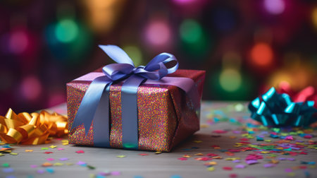 A festive gift box with a blue ribbon on a table with colorful confetti and bokeh lights in the background.の素材