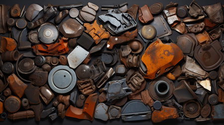 a pile of rusted metal objects, such as cans, lids, and pipes. It shows the effects of corrosion and pollution Backgroundの素材