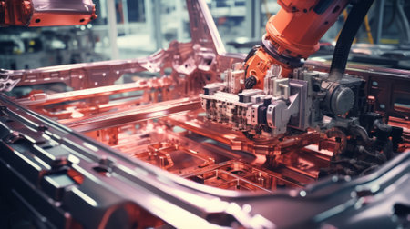 an industrial robot arm in a factory setting, working on a car body. The orange sparks flying indicate the intense metalwork being done.close upの素材