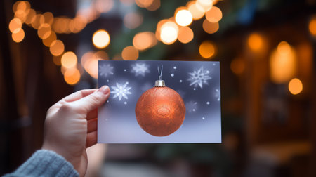 A hand holds a postcard with an orange Christmas ornament on it. The background is blurred with Christmas lights. The postcard has snowflakes on it. The hand is wearing a sweater. The photo has a warm and cozy feel to it.の素材