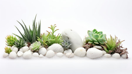 A miniature garden of colorful succulents and white rocks on a white background. The garden is composed of different types of succulent plants in shades of green, pink, and purpleの素材