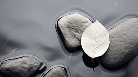 a black and white representation of a leaf resting on rocks in water, creating a serene and peaceful scene.の素材