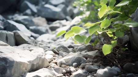 a close-up of a plant growing among rocks, symbolizing resilience and the power of life in harsh conditions.の素材