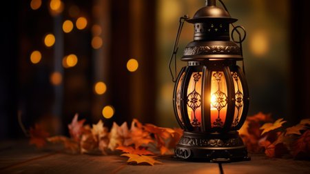A black lantern with orange lights creates a cozy and festive mood in the dark autumn night, surrounded by colorful leaves.の素材