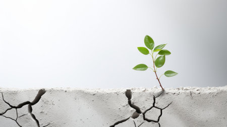A plant growing out of a crack in a concrete wall. This image shows a contrast between the life and the decay.The wall is white and the crack is black.の素材
