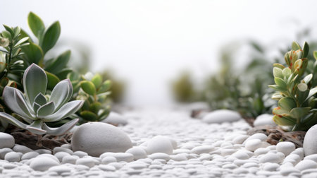 A garden with succulent plants and white pebbles. This image shows a variety of succulent plants and cacti with thick leaves and green colors. The plants are in focus and the background is blurred.の素材