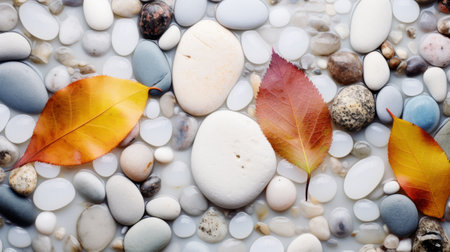 Pebbles and leaves on a light gray background. This image shows a collection of pebbles and leaves of various colors and shapes.の素材