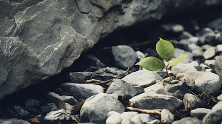 A lone plant survives in a rocky terrain. This image captures the contrast between the harsh and barren rocks and the delicate and green plant.の素材