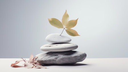 a stack of three smooth stones with a yellow leaf on top and two pink leaves at the bottom, symbolizing balance and tranquility in nature.の素材