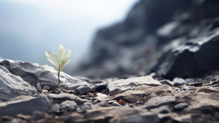 a small plant growing in a rocky environment, symbolizing resilience, hope, and the power of life.の素材