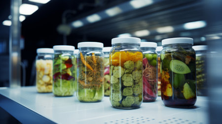a store shelf stocked with jars of various pickled vegetables. The jars, of different sizes and shapes, contain a colorful assortment of pickled veggies.Backgroundの素材