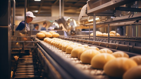 a bread factory with bread rolls on a conveyor belt, workers in blue uniforms and white hard hats, and machinery used in bread production.の素材